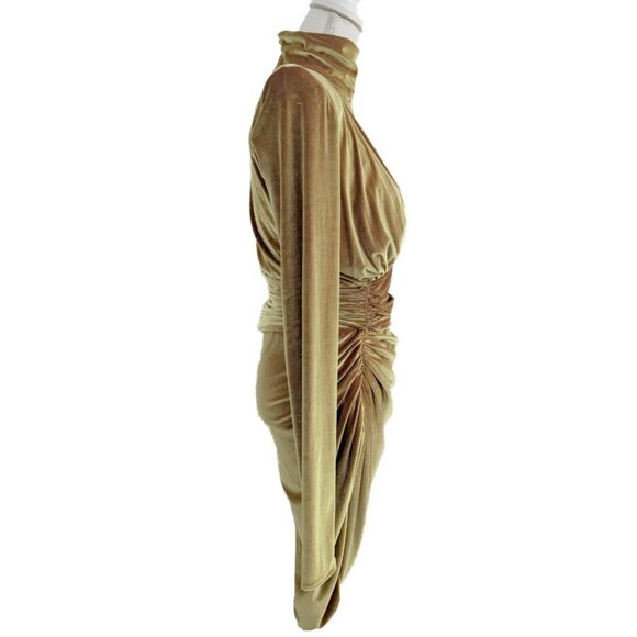 Alexandre Vauthier Gold Velvet Ruched Turtleneck Dress with Tulip Hem - Picture 7 of 12
